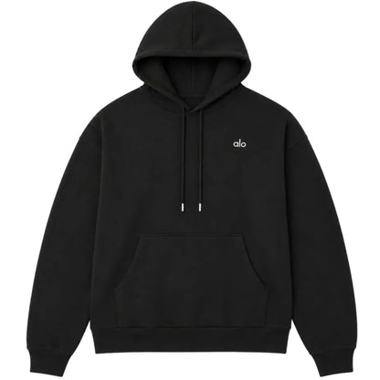 Alo Yoga Accolade Logo Print Hoodie Black product view with logo print and kangaroo pocket