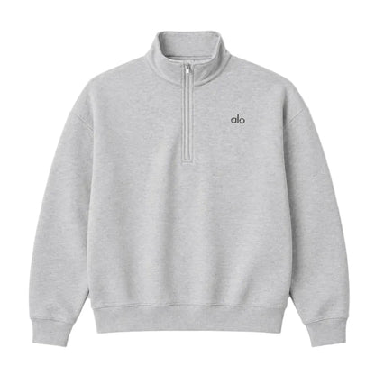 Alo Yoga Accolade Quarter Zip Sweater Grey White product view with raised collar and partial zip