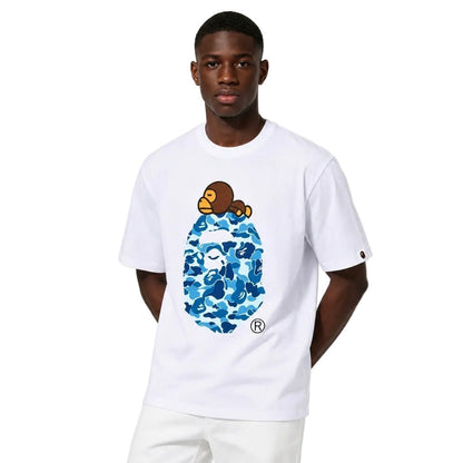 Bape ABC Camo Milo On Big Ape Tee FW25 White Blue - AFewVibe