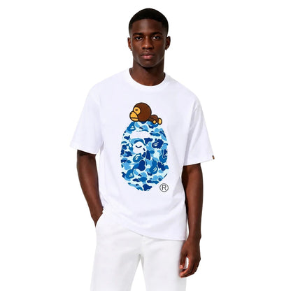 Bape ABC Camo Milo On Big Ape Tee FW25 White Blue - AFewVibe