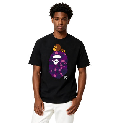 Bape Color Camo Milo On Big Ape Tee Black Purple - AFewVibe