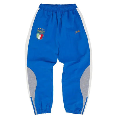 Corteiz Italia Shuku Pant Blue White front with crest and mesh knee panels