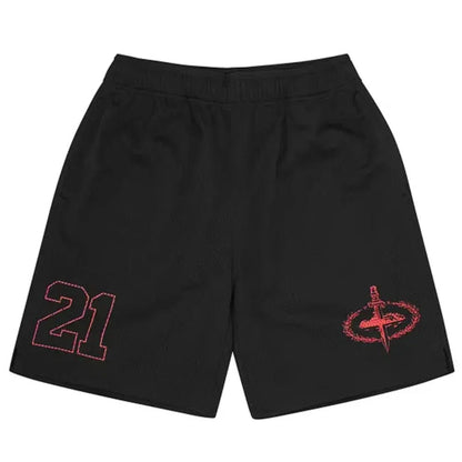 Black Corteiz x Slaughter Gang mesh shorts front view with red 21 and emblem graphics