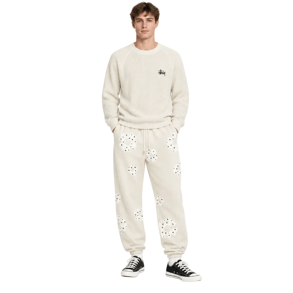 Denim Tears Rhinestone Cotton Wreath Sweatpants Oatmeal - AFewVibe