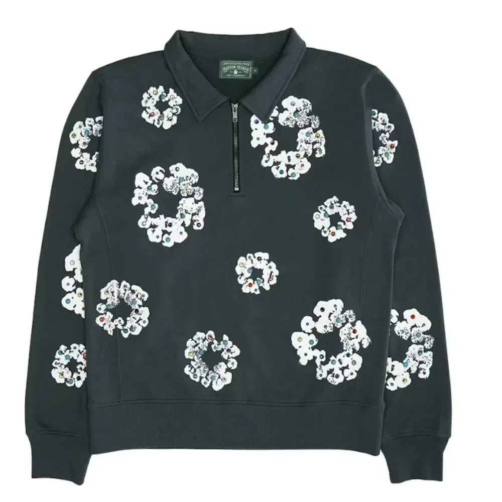 Denim Tears Rhinestone Wreath Half Zip Sweatshirt Black - Afewvibe