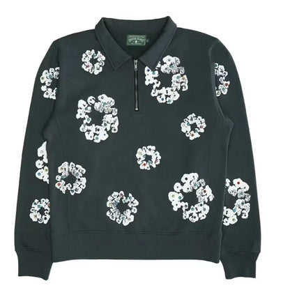 Denim Tears Rhinestone Wreath Half Zip Sweatshirt Black - Afewvibe