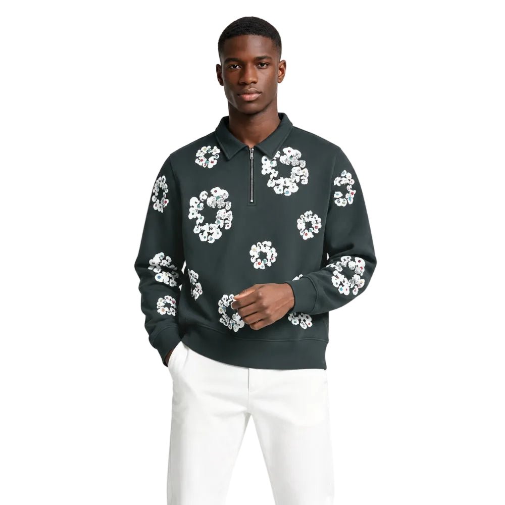 Denim Tears Rhinestone Wreath Half Zip Sweatshirt Black - AFewVibe