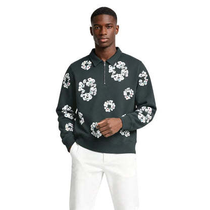 Denim Tears Rhinestone Wreath Half Zip Sweatshirt Black - AFewVibe