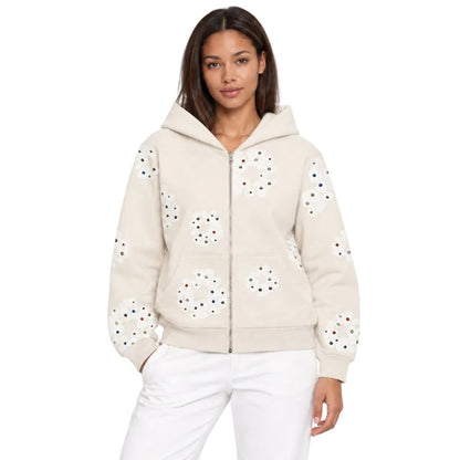 Denim Tears Rhinestone Wreath Zip Hoodie Oatmeal - AFewVibe