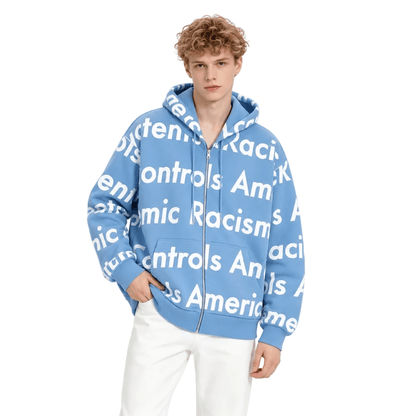 Denim Tears x Arthur Jafa Systemic Racism Controls America Zip Up Hoodie Dusty Blue - AFewVibe