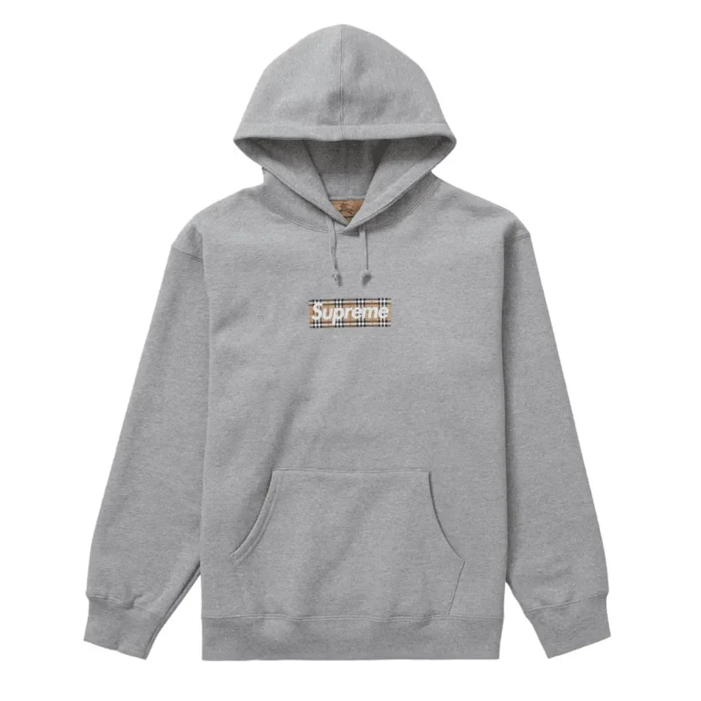 Supreme Burberry Box Logo Hooded Sweatshir Heather Grey - AFV Clothes