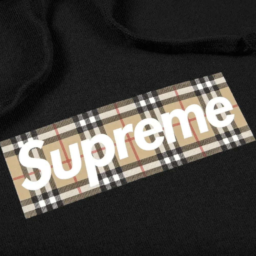 Supreme Burberry Box Logo Hooded Sweatshirt Black - AFV Clothes