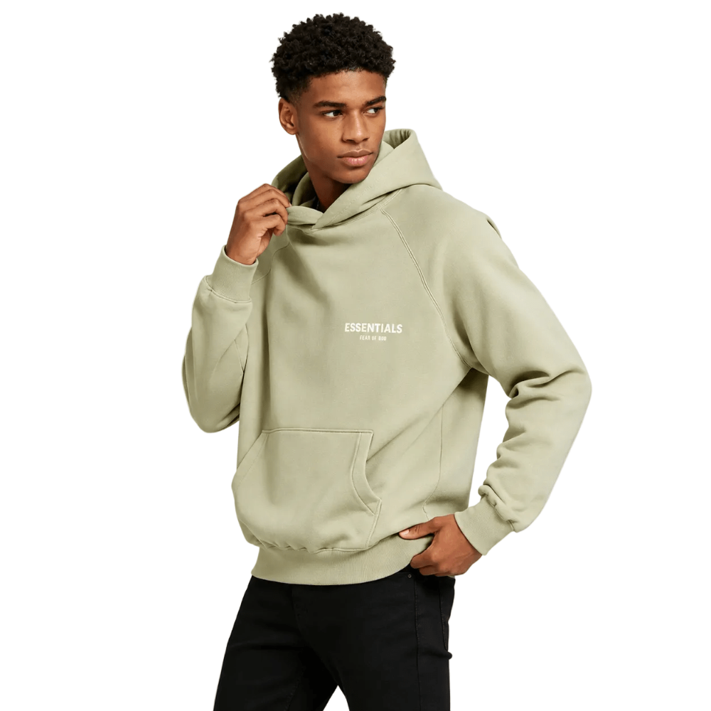 Fear of God Essentials Logo Hoodie Seafoam worn by model from the front