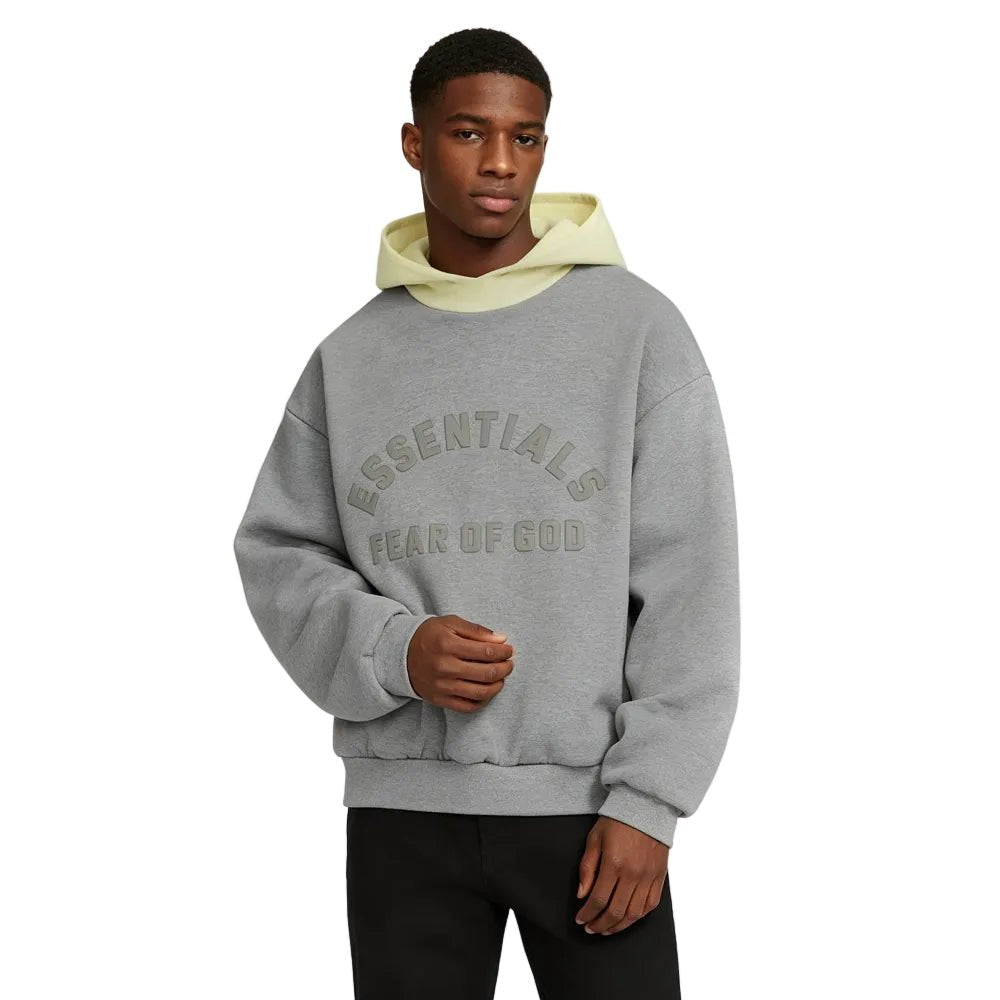 Fear of God Essentials SS24 Nylon Fleece Hoodie Dark Heather Oatmeal Garden Yellow - AFewVibe
