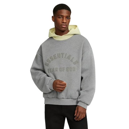 Fear of God Essentials SS24 Nylon Fleece Hoodie Dark Heather Oatmeal Garden Yellow - AFewVibe