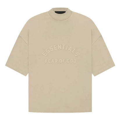 Fear of God Essentials Tee Dusty Beige front with curved logo