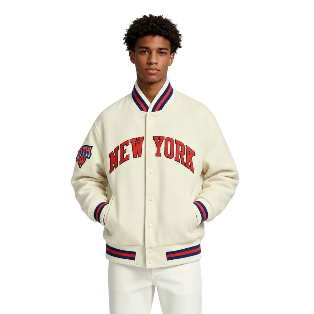 Kith New York Knicks Varsity Jacket White - AFewVibe