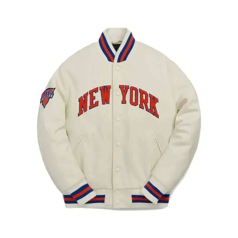 KITH knicksスタジャン versity jacket 10周年 Kith New York Knicks Varsity Jacket White – AFewVibe