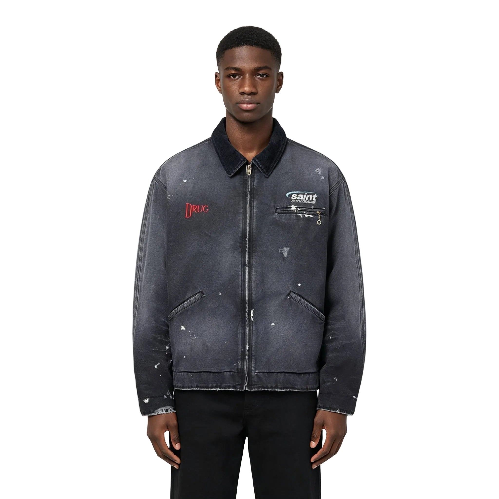 SAINT MXXXXXX - Corduroy-Trimmed Logo-Embroidered Distressed Cotton-Canvas Jacket - Black - AFewVibe