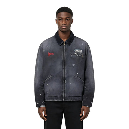 SAINT MXXXXXX - Corduroy-Trimmed Logo-Embroidered Distressed Cotton-Canvas Jacket - Black - AFewVibe