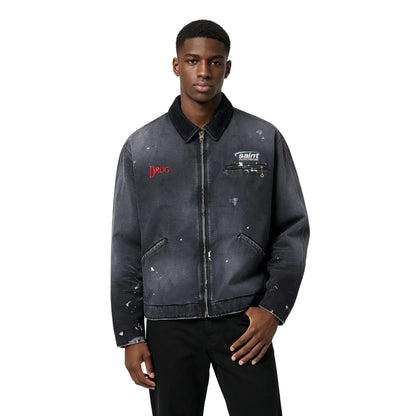 SAINT MXXXXXX - Corduroy-Trimmed Logo-Embroidered Distressed Cotton-Canvas Jacket - Black - AFewVibe