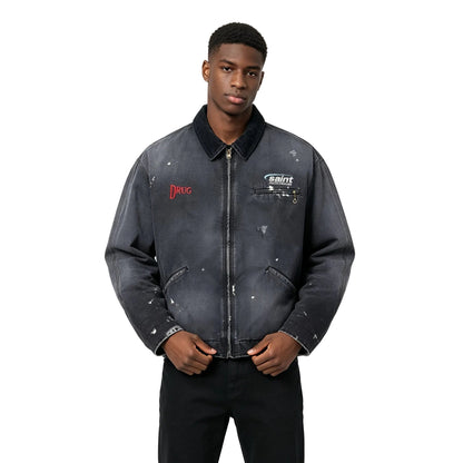 SAINT MXXXXXX - Corduroy-Trimmed Logo-Embroidered Distressed Cotton-Canvas Jacket - Black - AFewVibe