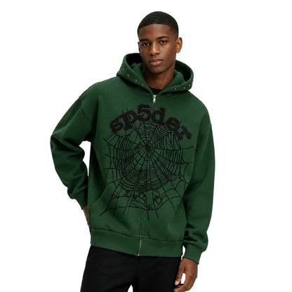 Sp5der Og Web Studded Zip Hoodie Green - AFewVibe