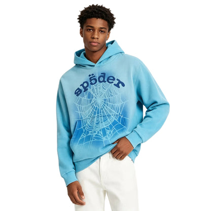 Sp5der OG Web V2 Spray Hoodie Light Blue - AFewVibe