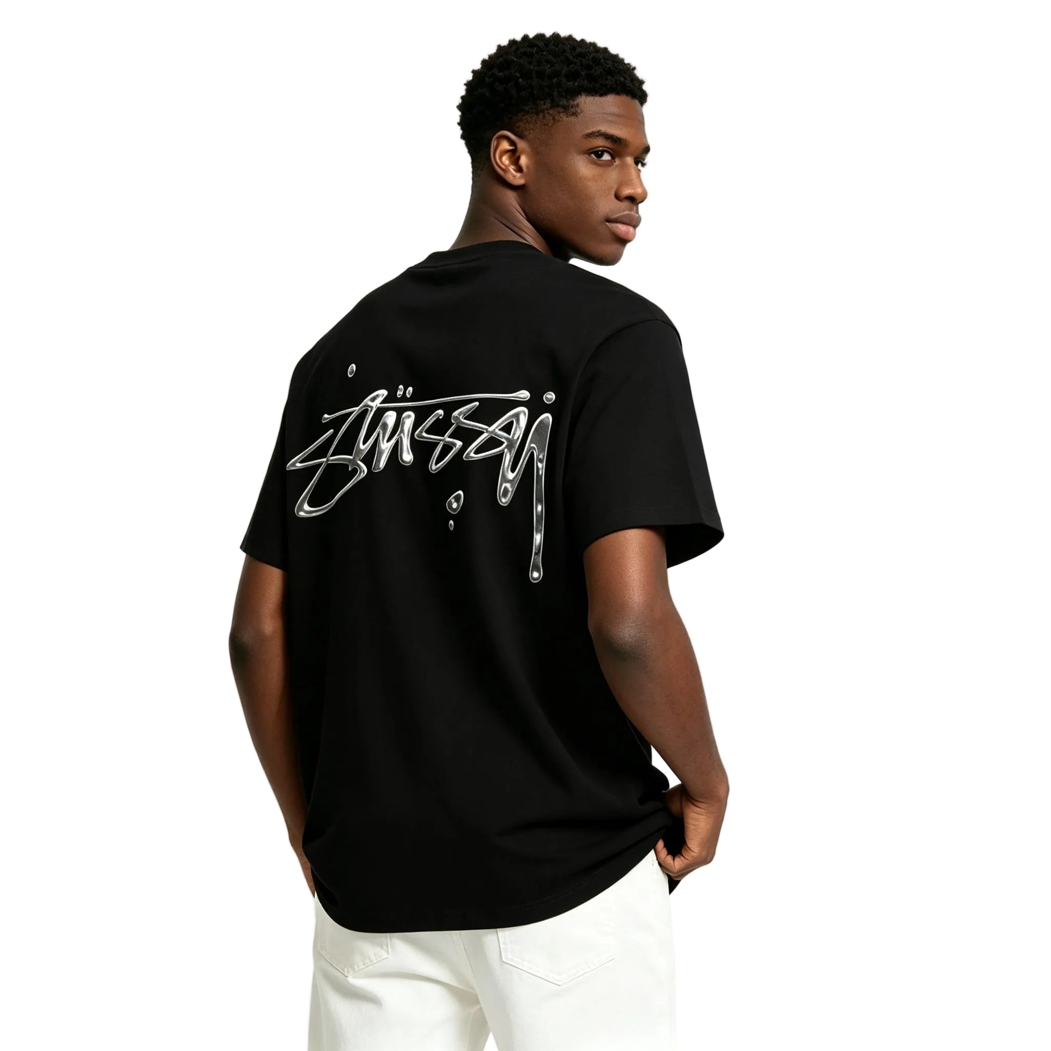 Stüssy Mercury Tee Black | Metallic-Effect Logo Tee – AFewVibe