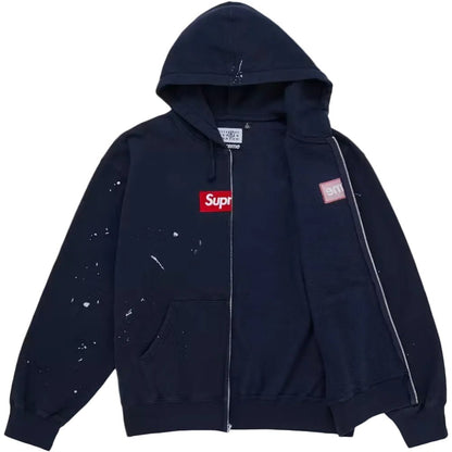 Supreme MM6 Maison Margiela Box Logo Zip Up Hooded Sweatshirt Navy - AFewVibe