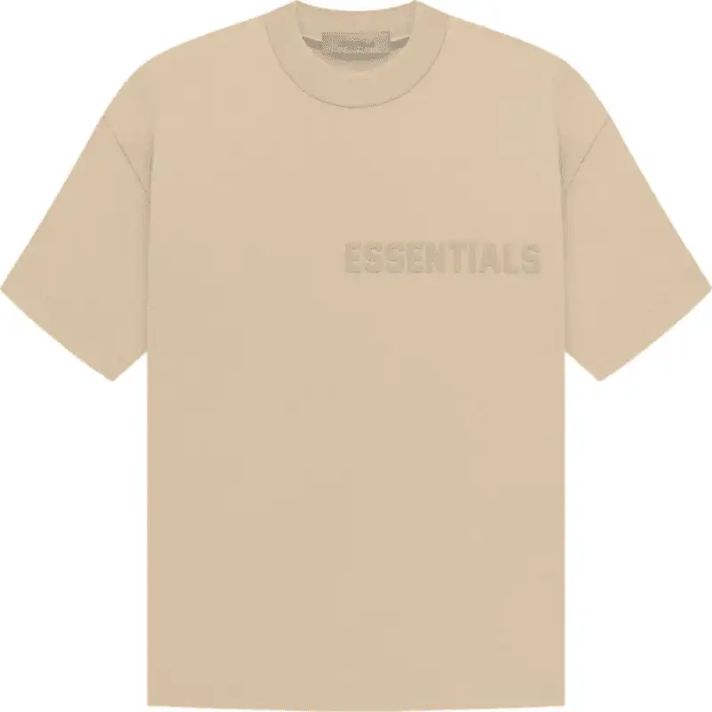 "Fear of God Essentials SS23 Short-Sleeve Tee in Sand color, featuring high-quality fabric and subtle branding."